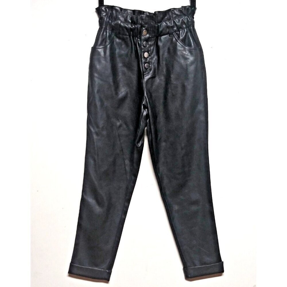 NWOT Womens Vegan leather Pants Paperbag waist Sz S Button-Fly Haute Monde ankle
